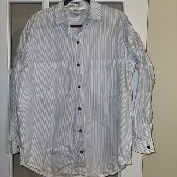 Adrienne Vittadini Womens White Blue Striped Long Sleeve Button-Down Shirt M - Picture 1 of 4
